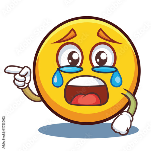 A scared, crying emoticon points to the side