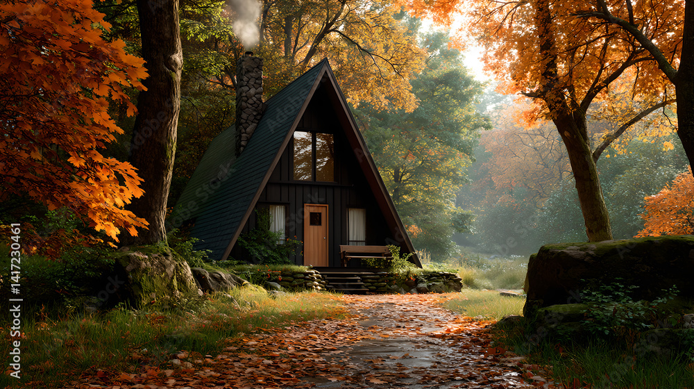 Autumnal A Frame Cabin in Forest Sunlight