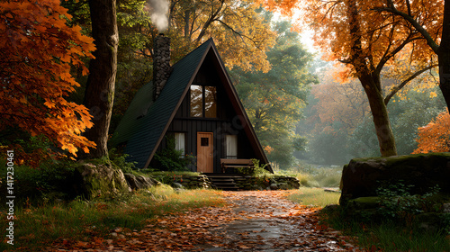 Obraz na płótnie Autumnal A Frame Cabin in Forest Sunlight w salonie