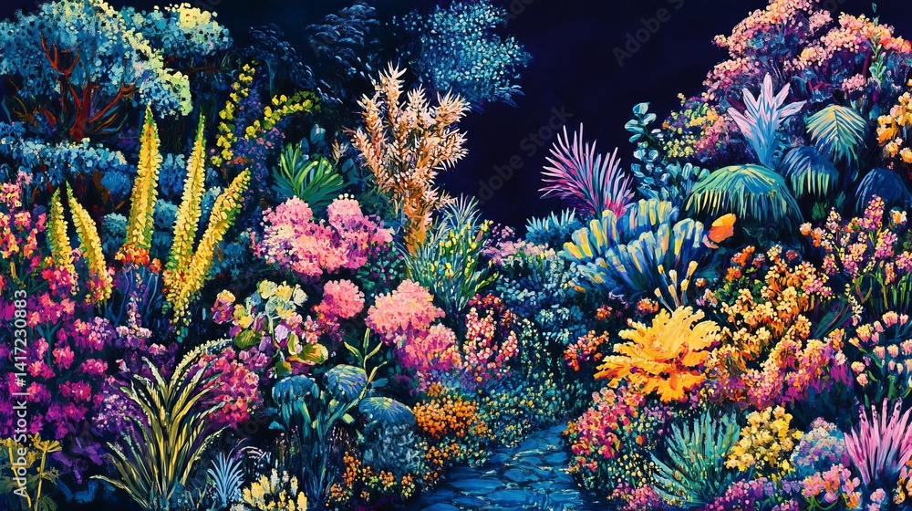 Obraz premium Vibrant Garden Path: A whimsical floral landscape painting