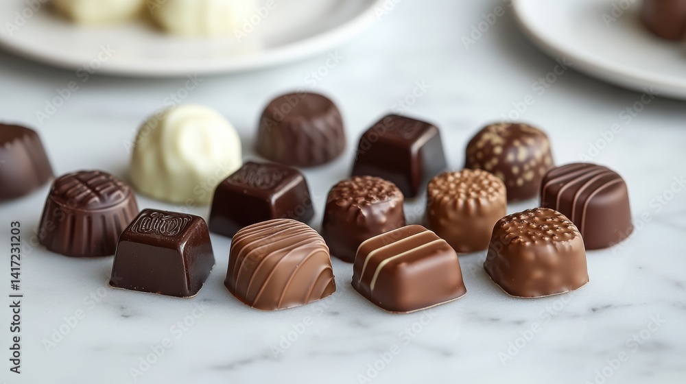 Assorted gourmet chocolates arranged elegantly on marble surface Assorted gourmet chocolates arranged elegantly on marble surface