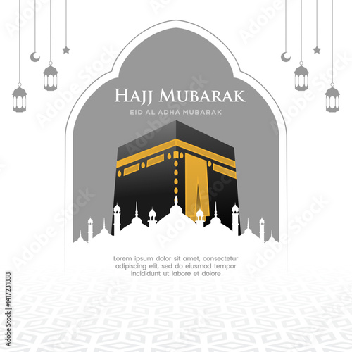Hajj Mubarak and Eid al-Adha celebration featuring the Ka'bah with a white background and ornamental accents. A serene and spiritual illustration symbolizing the pilgrimage and sacrifice.