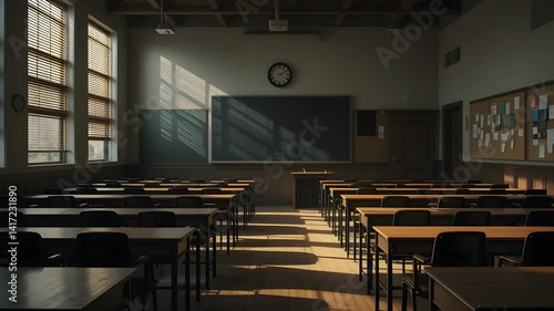 Rays of light falling to the empty classroom with chalkboard and rows of desks with chairs. Break at abandoned school disturbing mood. Slider shot 4k video footage