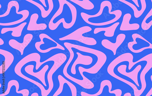 Psychedelic groovy trippy y2k retro seamless pattern in blue pink colors. Valentine's day holiday background texture liquid romantic heart shape. Vector illustration
