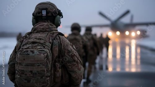 Military personnel in camouflage uniforms are marching towards an aircraft on a cold, foggy day at a military base. The atmosphere shows a sense of readiness and purpose
