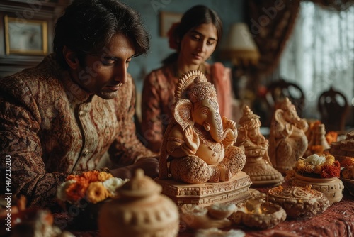 Wallpaper Mural A family performing Ganesh puja at home with traditional items and decorations Torontodigital.ca