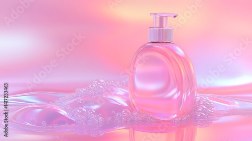 Pink Soap Bottle with Foam, and Pastel Background.