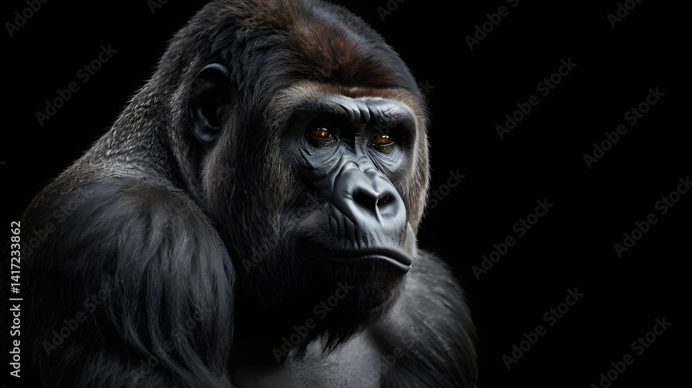 Naklejka premium A silverback gorilla portrait, intense gaze, black background, monochrome fine art style, detailed skin and fur texture, dramatic lighting,Generative Ai