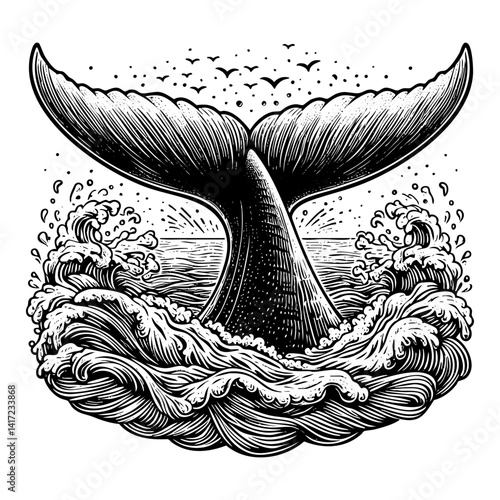 Whale tail engraving black and white outline. Scratch board imitation.  illustrated in vintage line art style on a white background.