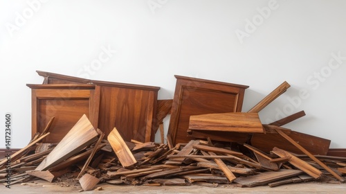 Demolition debris: damaged furniture and wood scraps against white background 