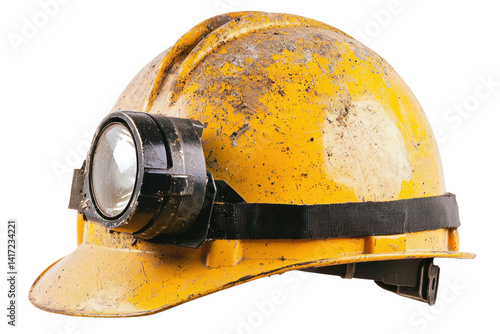Worn miner's hardhat isolated on PNG transparent background, cut out