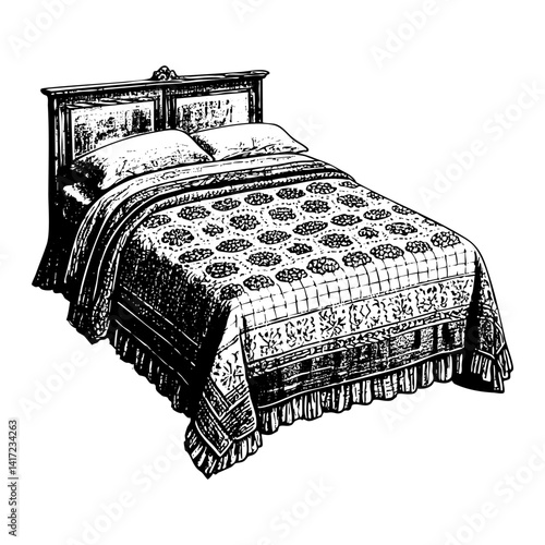 Retro bed engraving black and white outline. Scratch board imitation.  illustrated in vintage line art style on a white background.