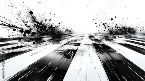  black and white race track with splashes of paint in the background, a 3D illustration.