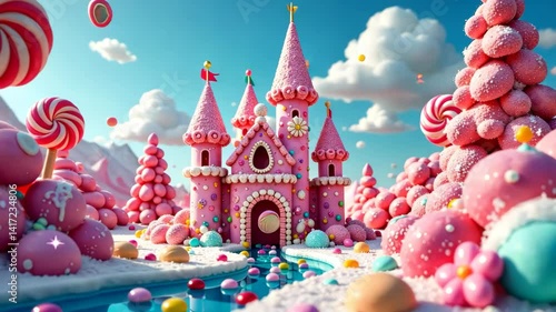 Whimsical Pink Candy Castle in a Sugary Dreamland with Floating Sweets and Candies