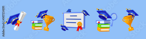 Awards, graduation icon vector set. Medal, certificate, trophy, graduation cap and magnifier books. 3d rendering elements.