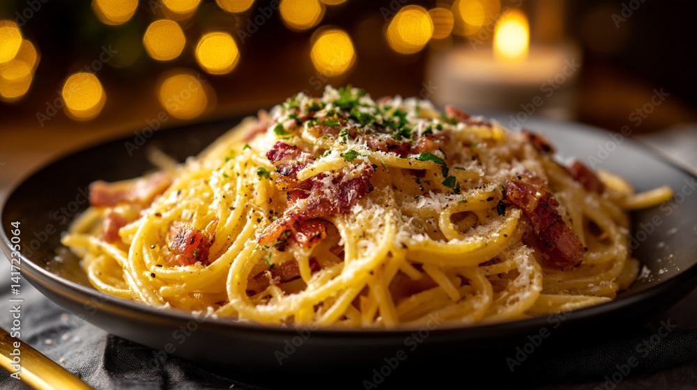 Delicious spaghetti carbonara recipe with bacon and cheese for dinner italian food pasta dish gourmet meal Delicious spaghetti carbonara recipe with bacon and cheese for dinner italian food pasta dish gourmet meal