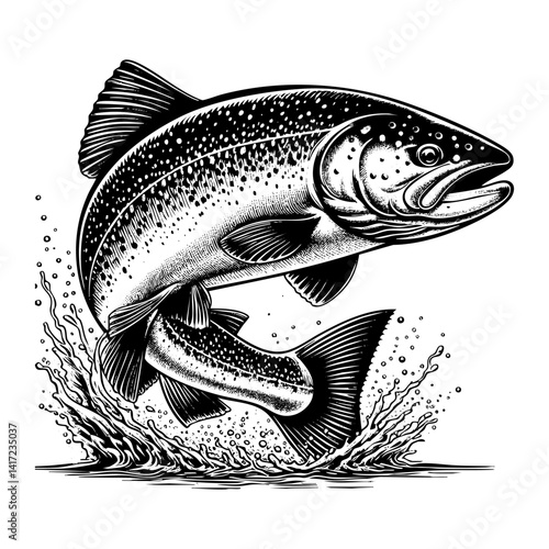 salmon jump sketch engraving black and white outline. Scratch board imitation.
