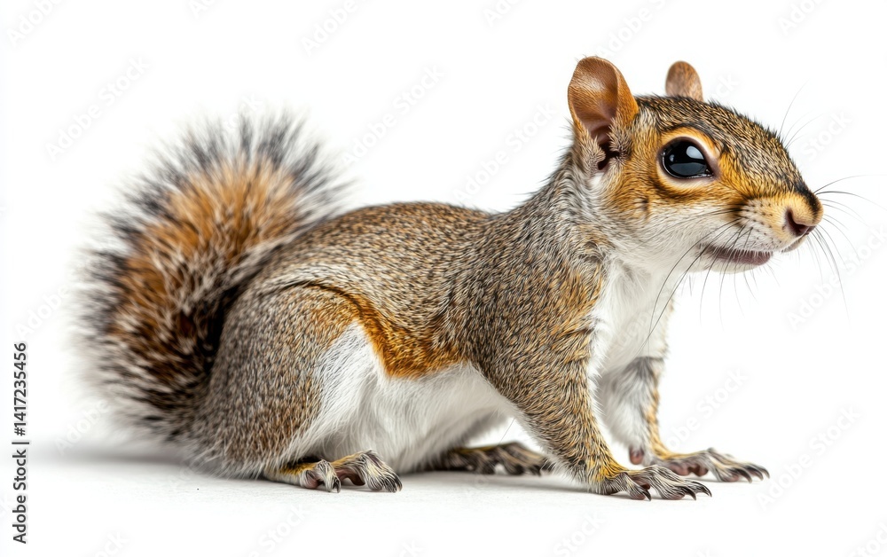 Obraz premium A grey squirrel sits on a white background, looking to the right with its bushy tail behind it.