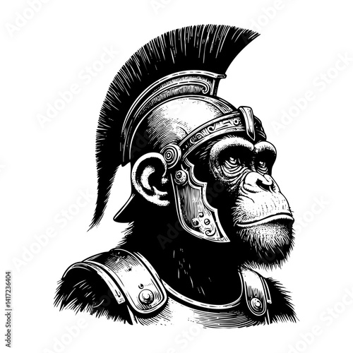 Chimpanzee wear spartan warrior engraving black and white outline. Scratch board imitation.  illustrated in vintage line art style on a white background.