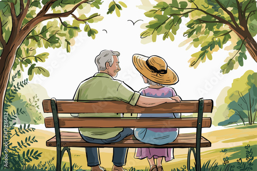 Beautiful hand drawn whimsical style older couple sitting in park, back view 