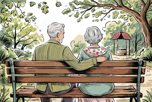 Beautiful hand drawn whimsical style older couple sitting in park, back view 