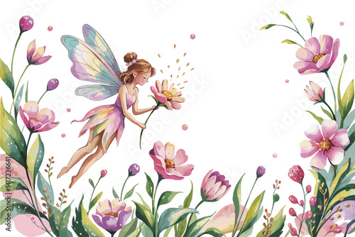Fairy and Flowers watercolor illustration