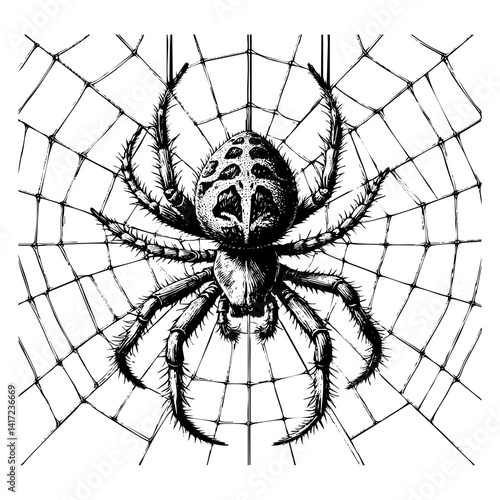 Tarantula spider engraving black and white outline. Scratch board imitation.  illustrated in vintage line art style on a white background.