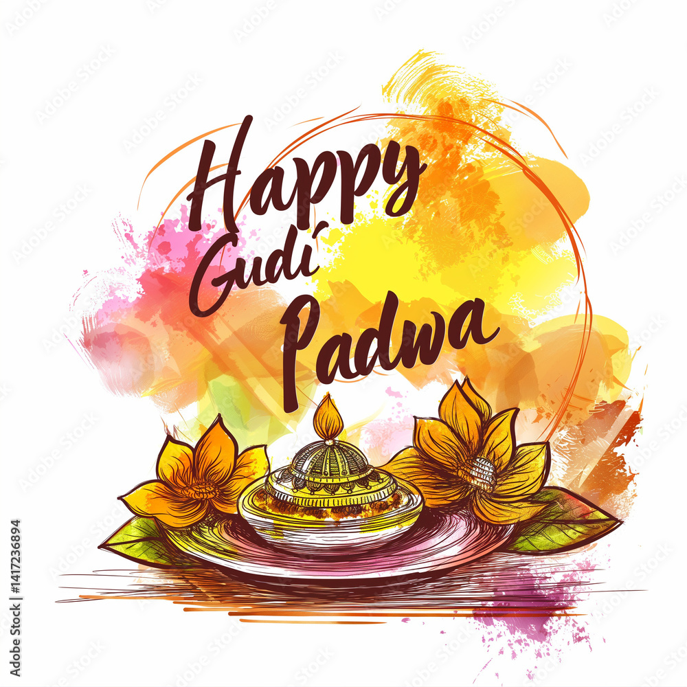 Gudi Padwa greeting with diya, flowers, and watercolor background.