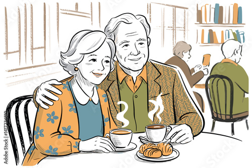 Beautiful hand drawn whimsical style older couple spending time in cafe 
