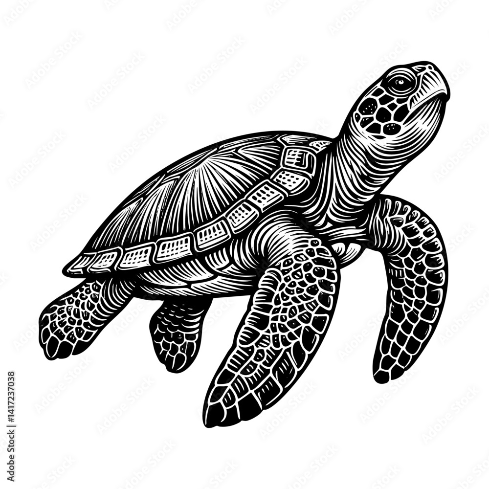 Obraz premium Sea turtle engraving black and white outline. Scratch board imitation. illustrated in vintage line art style on a white background.