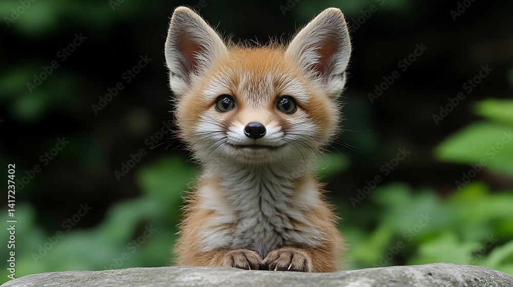 Adorable Fox Kit Portrait Looking at Camera in Lush Green Forest Adorable Fox Kit Portrait Looking at Camera in Lush Green Forest