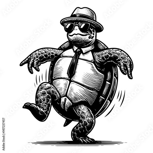 tortoise dance sketch engraving black and white outline. Scratch board imitation.  illustrated in vintage line art style on a white background.