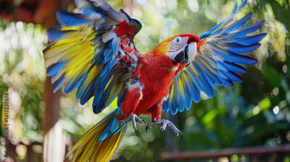 Obraz premium Vibrant parrot flapping its colorful wings in lush tropical setting, showcasing its vivid red, blue, and yellow feathers