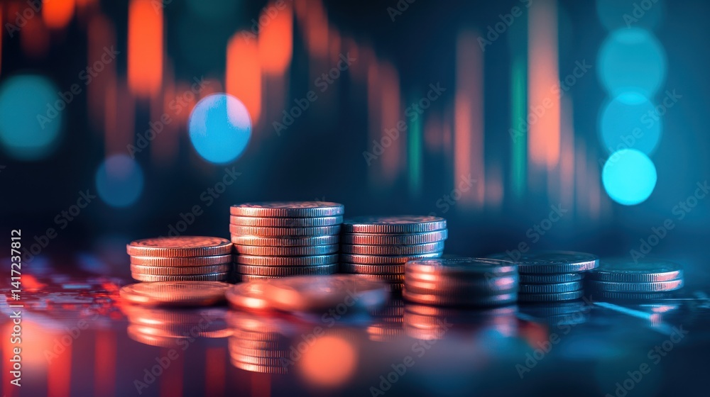 Stacks of coins against a blurry financial graph, symbolizing investments and economics Stacks of coins against a blurry financial graph, symbolizing investments and economics
