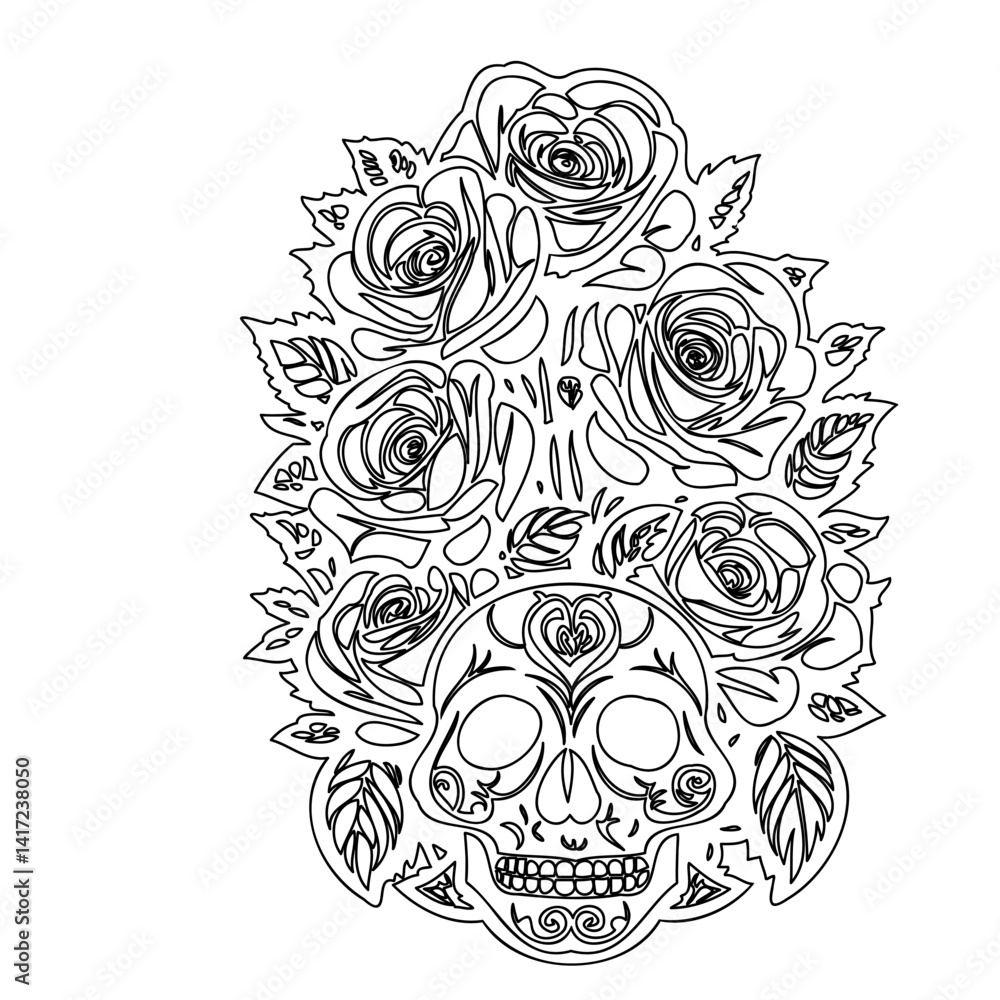 Fototapeta premium Floral Skull Line Art: Day of the Dead Aesthetic