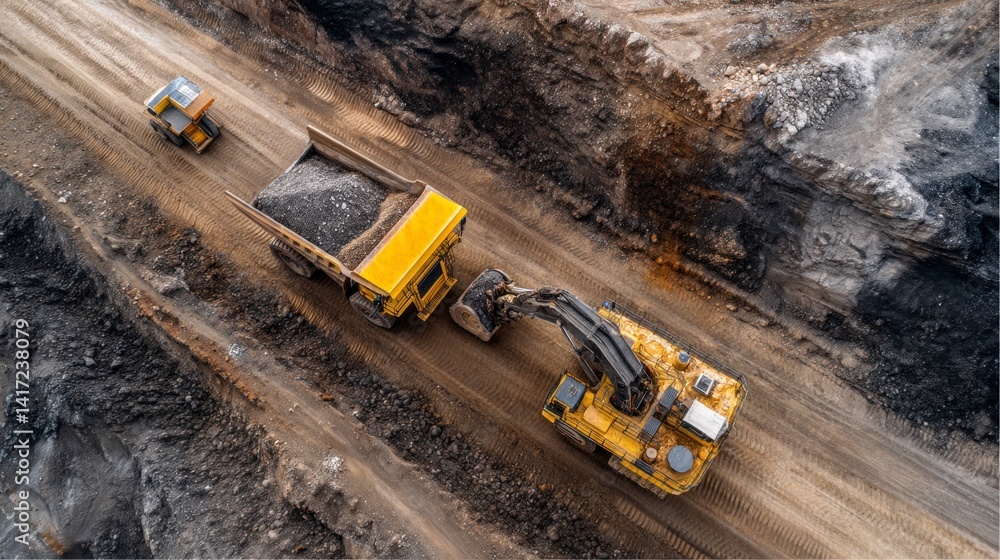 Excavator Loading Material Into a Dump Truck at a Quarry Excavator Loading Material Into a Dump Truck at a Quarry