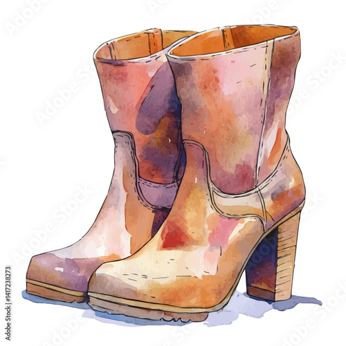 watercolor of Stylish Pair Of Boots With A Chunky Heel, vector, isolated on a white background.