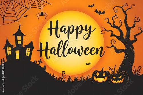A halloween themed image with a haunted house and happy halloween text