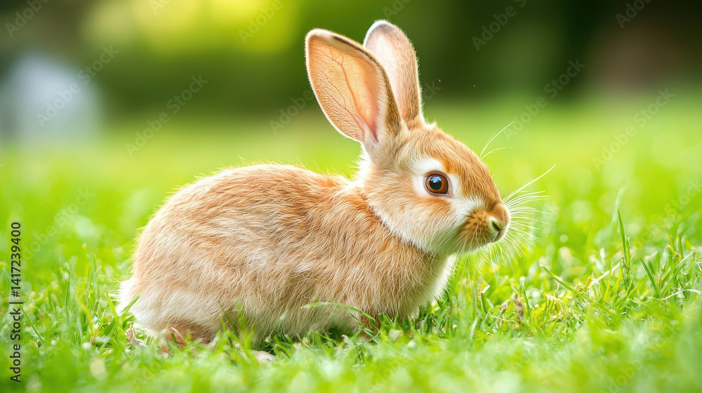 Fototapeta premium cute rabbit with soft fur sits on vibrant green grass, looking alert and curious