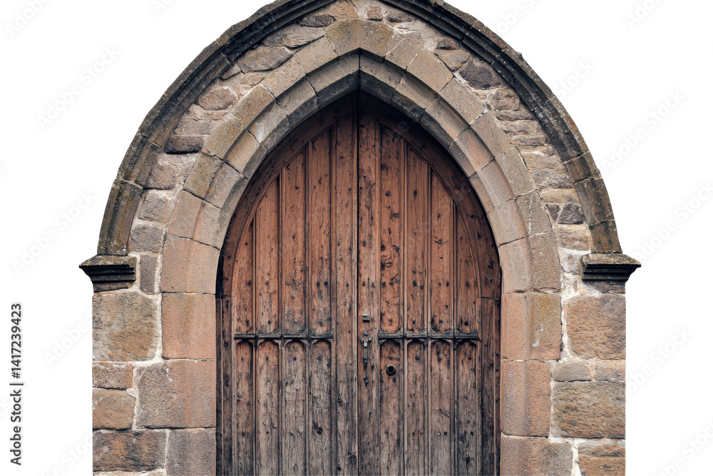 Fototapeta premium Arched wooden doorway isolated on PNG transparent background, cut out