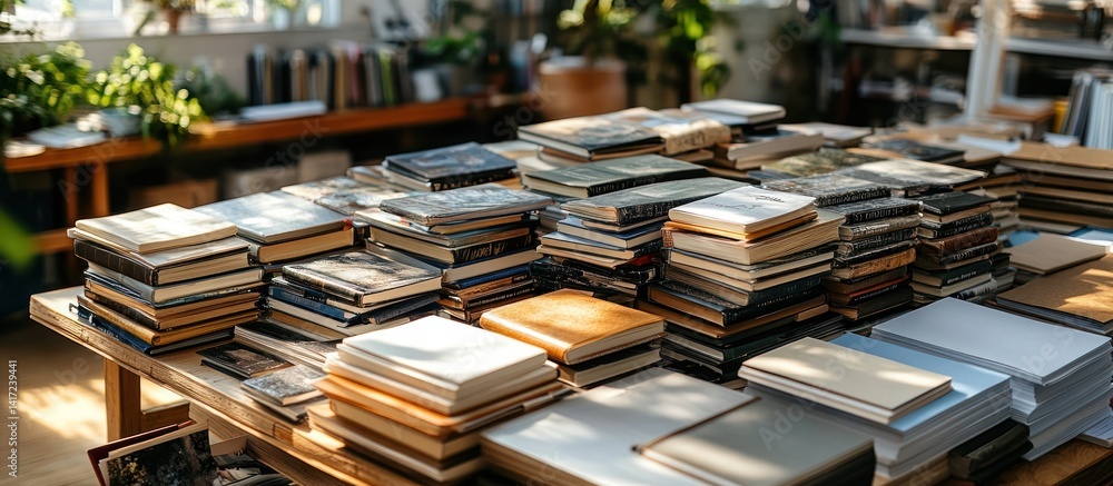 Fototapeta premium Books piled high on table, indoor market