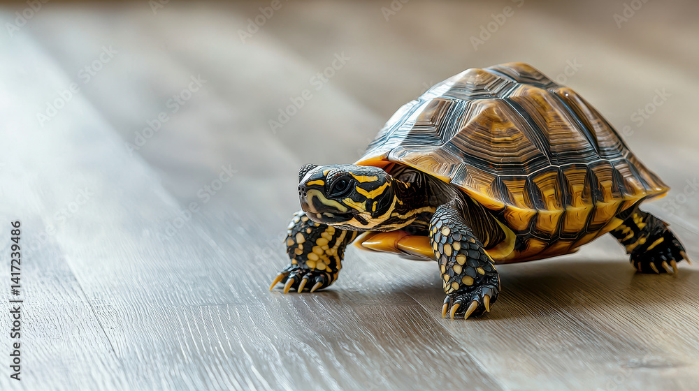 Obraz premium turtle with patterned shell slowly crawls across wooden floor, showcasing its intricate design