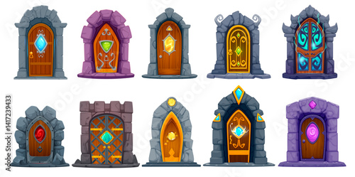 Magic portal door game asset. Fantasy cartoon vector enchanting doorways with glowing and shimmering crystals transport adventurers to mystical realms. Mystical gateways of fantastical magical worlds