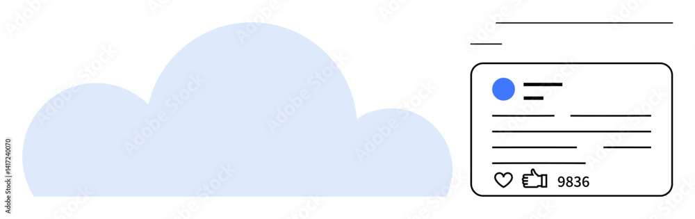 Blue cloud accompanied by a digital social media post card with thumbs up count, comments, and lines of text. Ideal for cloud computing, digital networking, social media, communication, innovation Blue cloud accompanied by a digital social media post card with thumbs up count, comments, and lines of text. Ideal for cloud computing, digital networking, social media, communication, innovation