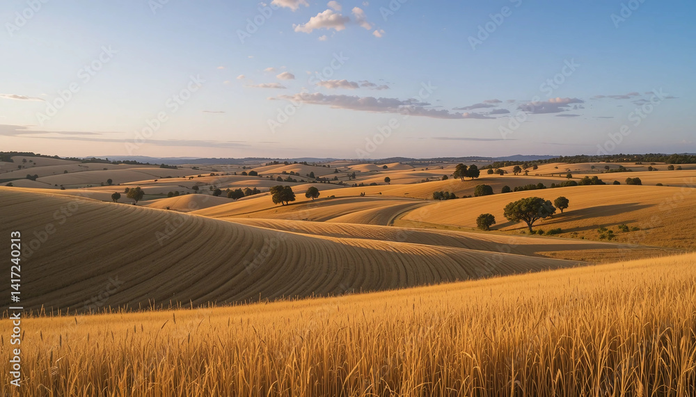 Fototapeta premium Alentejo Rolling Fields – Golden plains ripple beneath soft winds and cork oaks, fading into lavender skies and the hush of late summer.