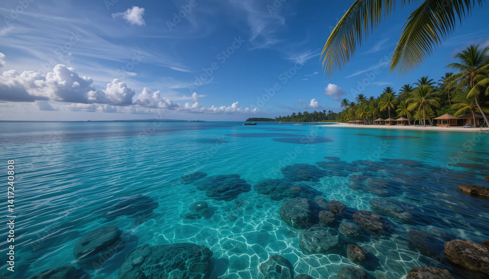 Fototapeta premium Cook Islands Lagoon – Shallow sapphire waters glow beneath palm-fringed shores, the reef barely visible under soft ripples and drifting light.