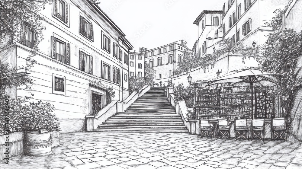 Fototapeta premium Italy. Street in Roma - sketch illustration for coloring book. illustration