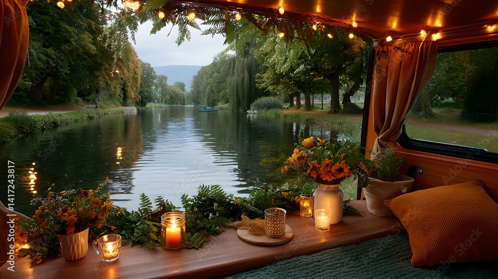 Romantic Camper Van by Tranquil River at Twilight