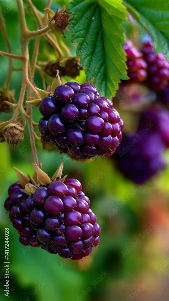 Close-up of Fresh Blackberry Hanging on Vine in Sunlit Vineyard During Summer Season, vertical video Close-up of Fresh Blackberry Hanging on Vine in Sunlit Vineyard During Summer Season, vertical video