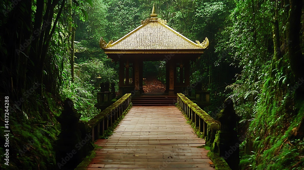 Wooden bridge leading to a golden-roofed pavilion nestled in a lush green jungle. Wooden bridge leading to a golden-roofed pavilion nestled in a lush green jungle.